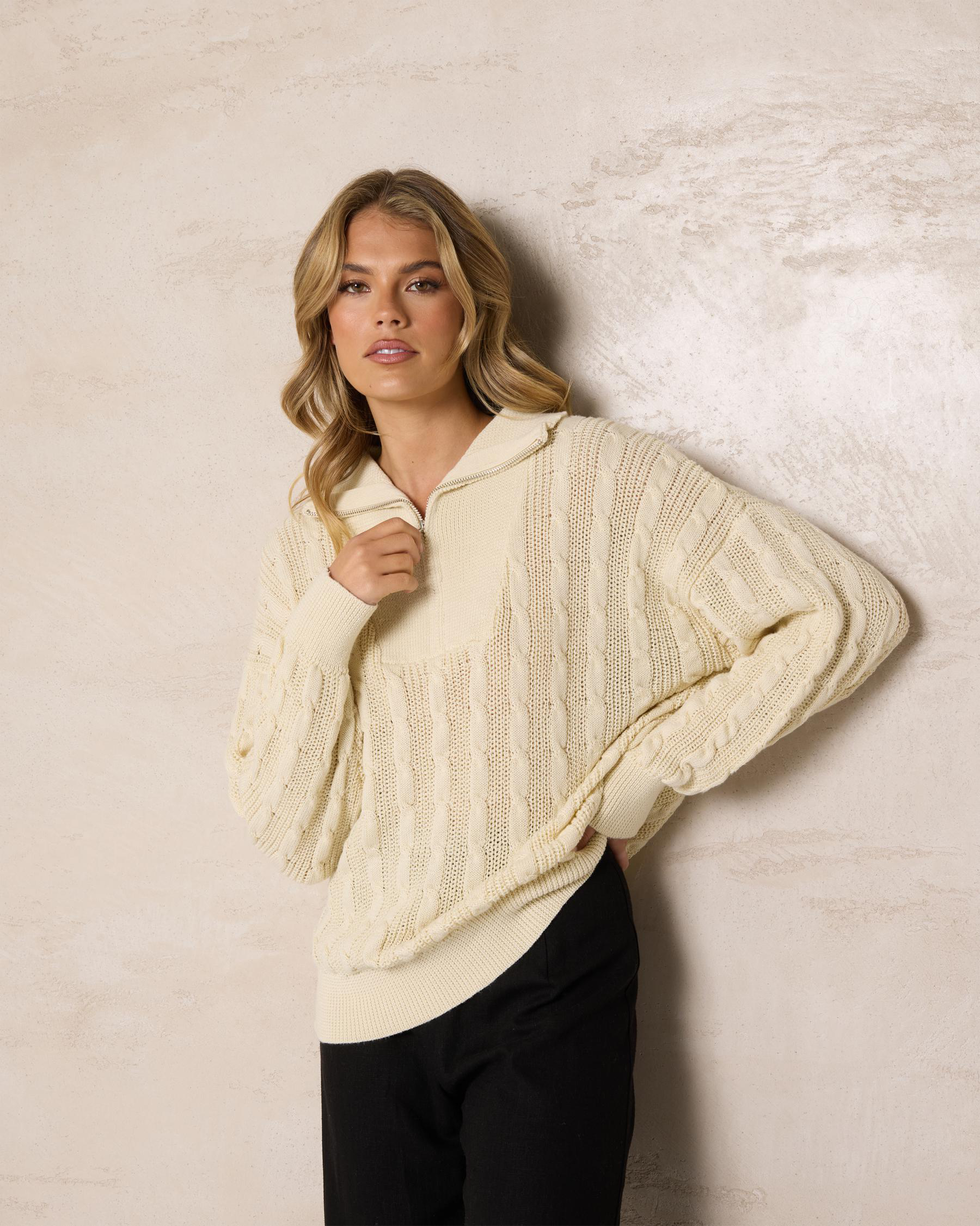 Judy Half Zip Collared Cable Knit Jumper