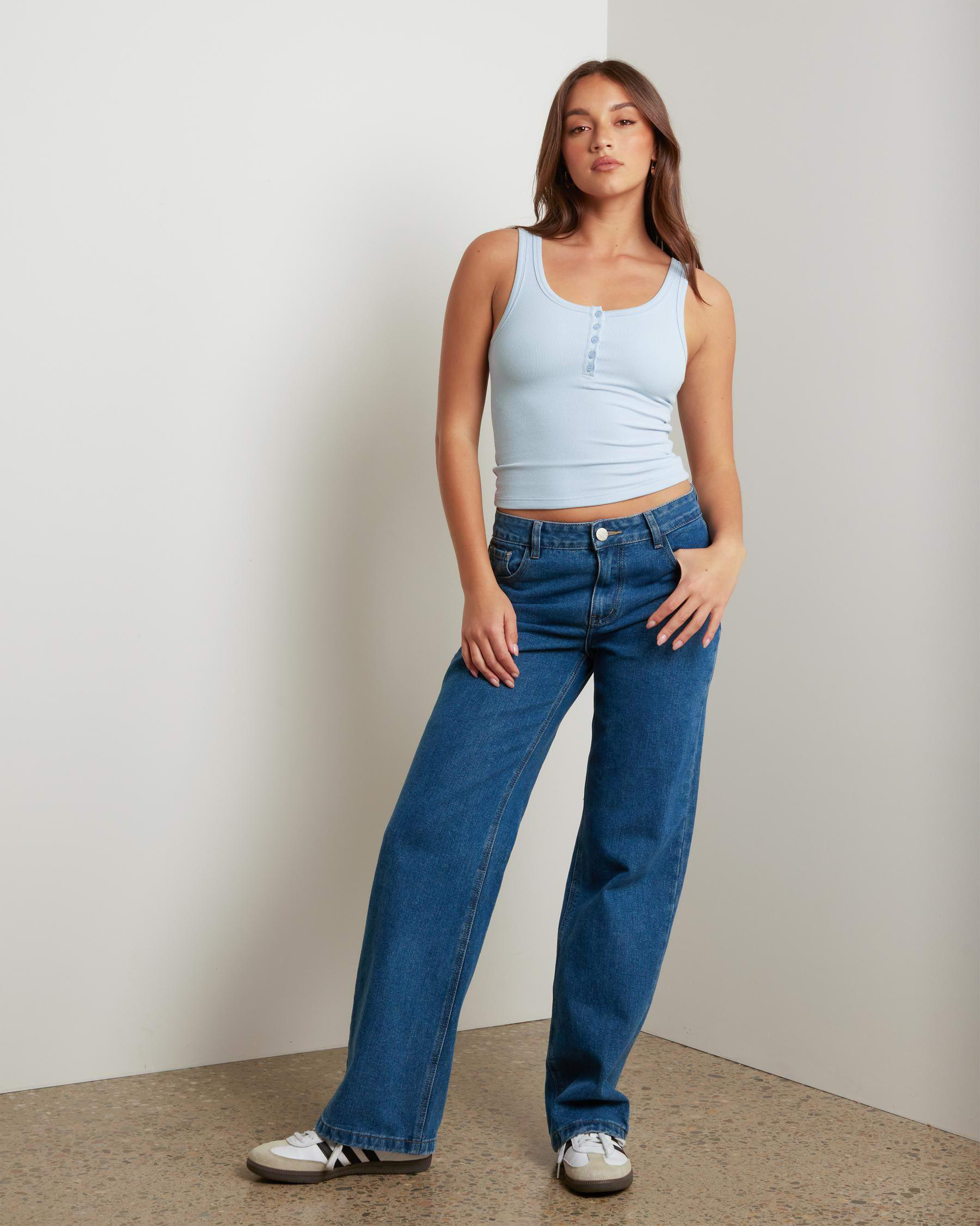 Basic Fine Rib Henley Tank Top