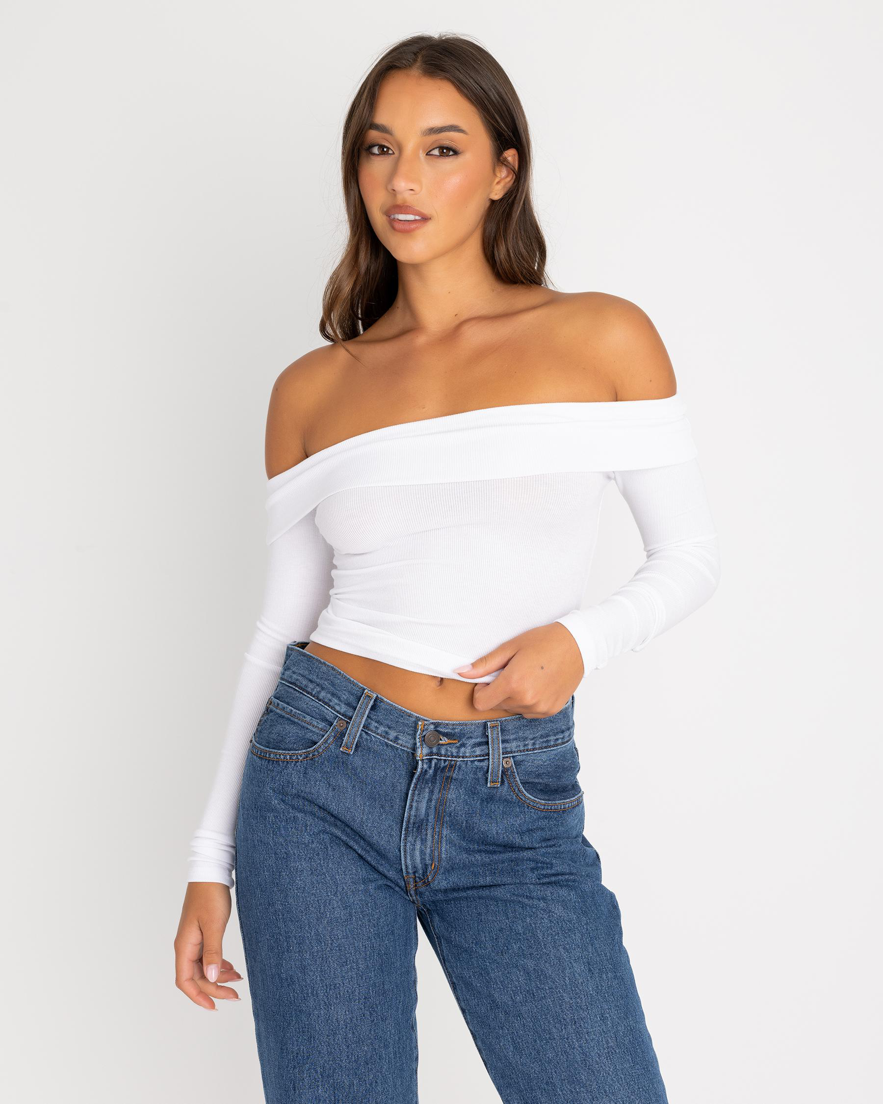 Basic Fine Rib Long Sleeve Off Shoulder Top