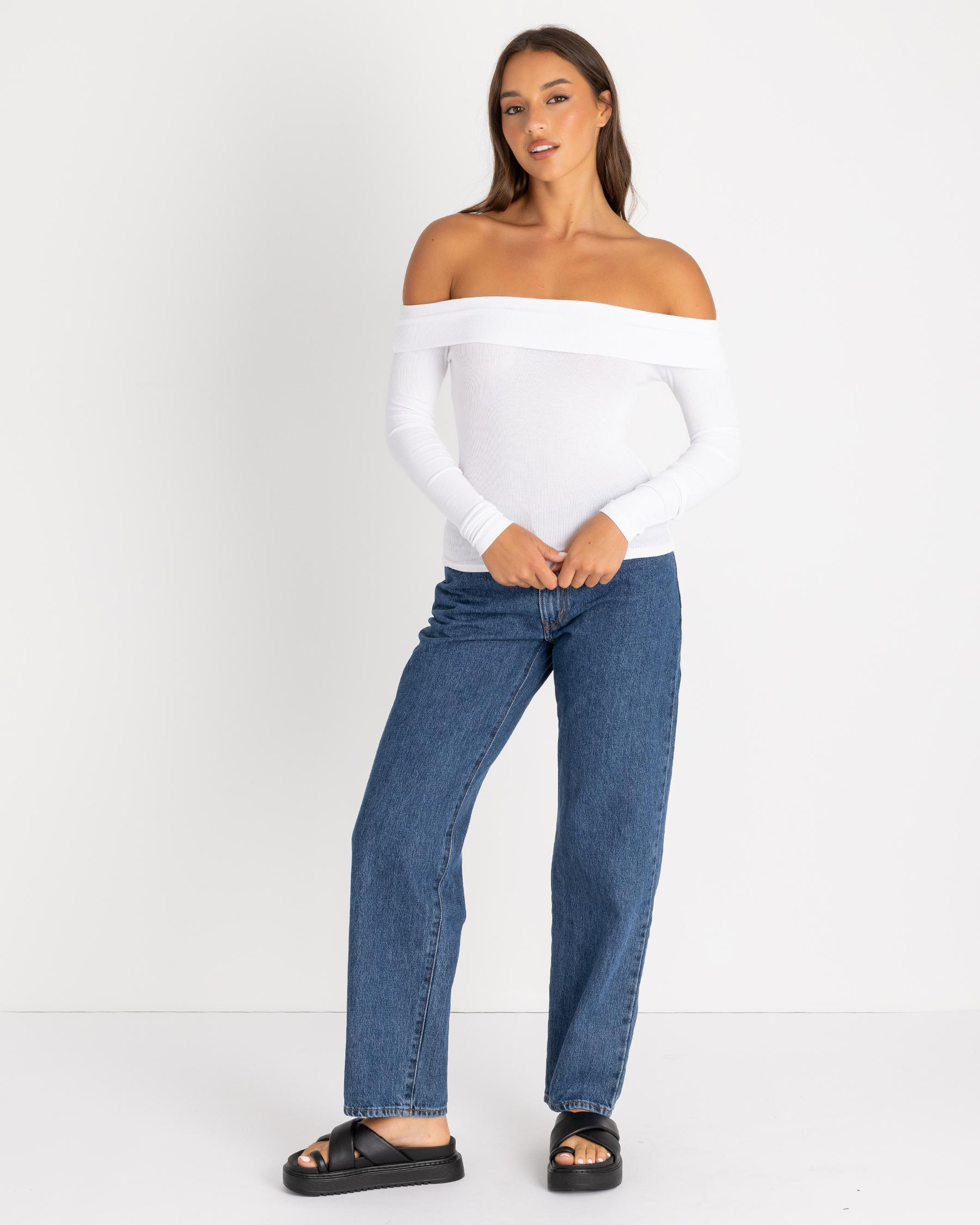 Basic Fine Rib Long Sleeve Off Shoulder Top