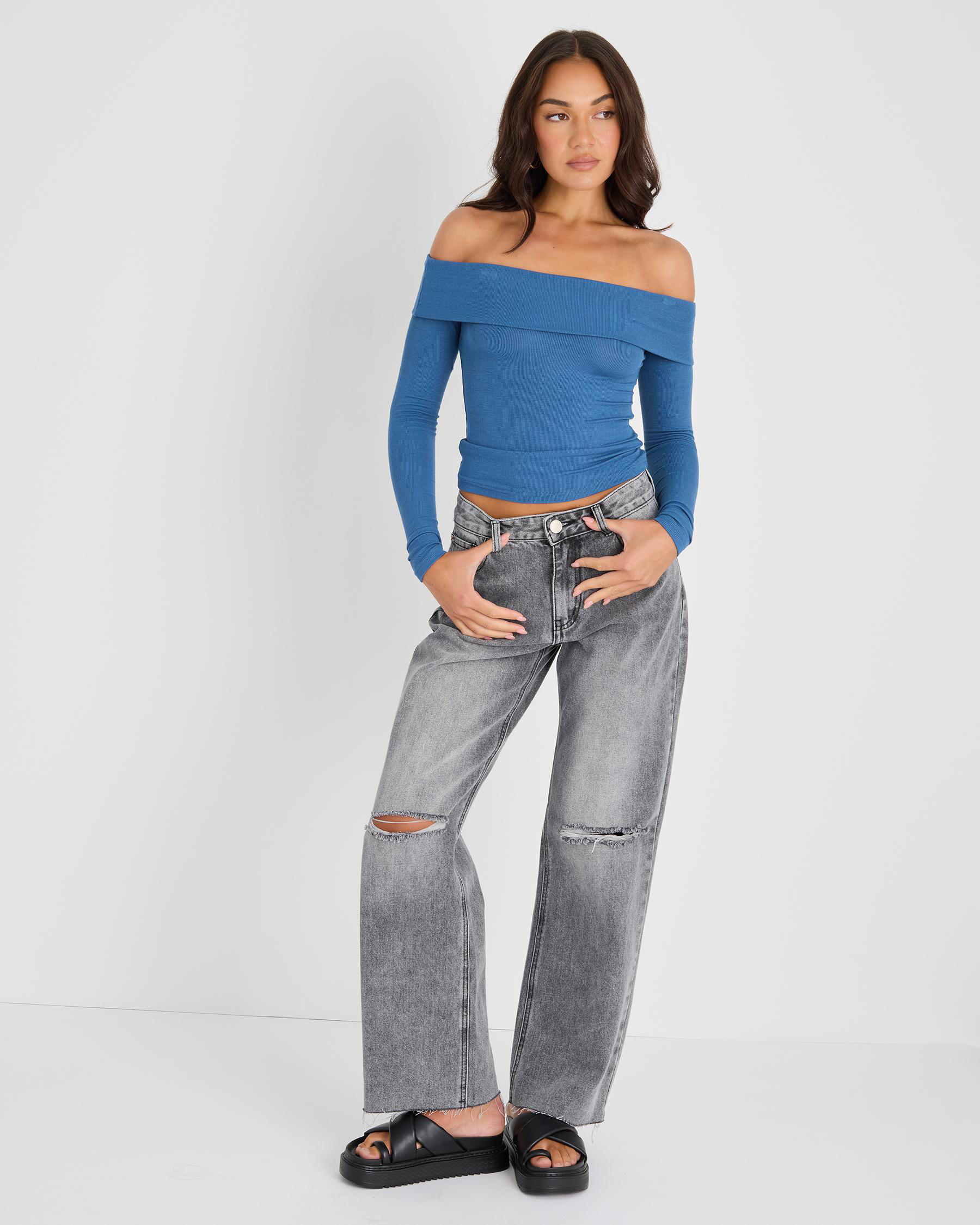 Basic Fine Rib Long Sleeve Off Shoulder Top