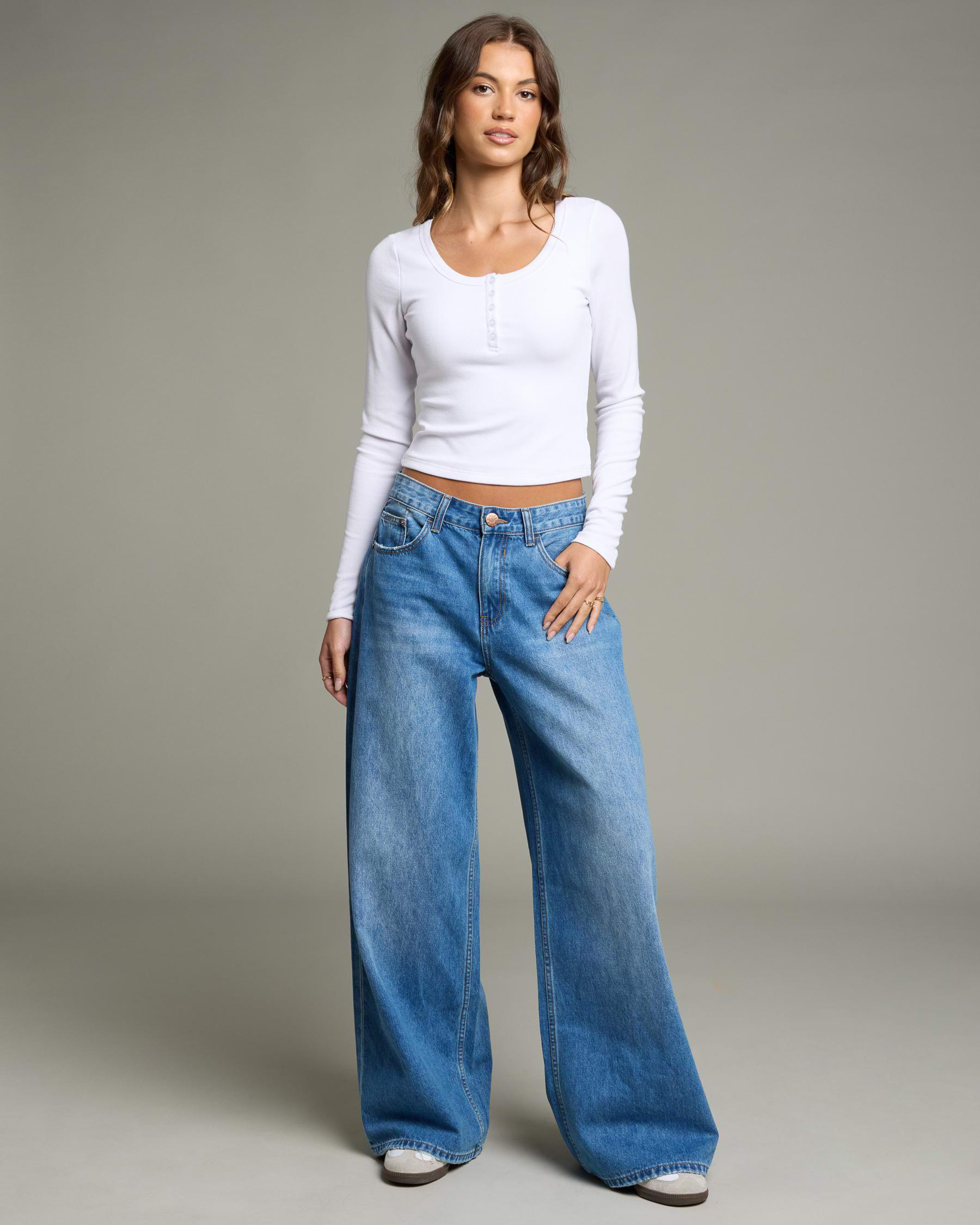 Basic Fine Rib Henley Long Sleeve Top