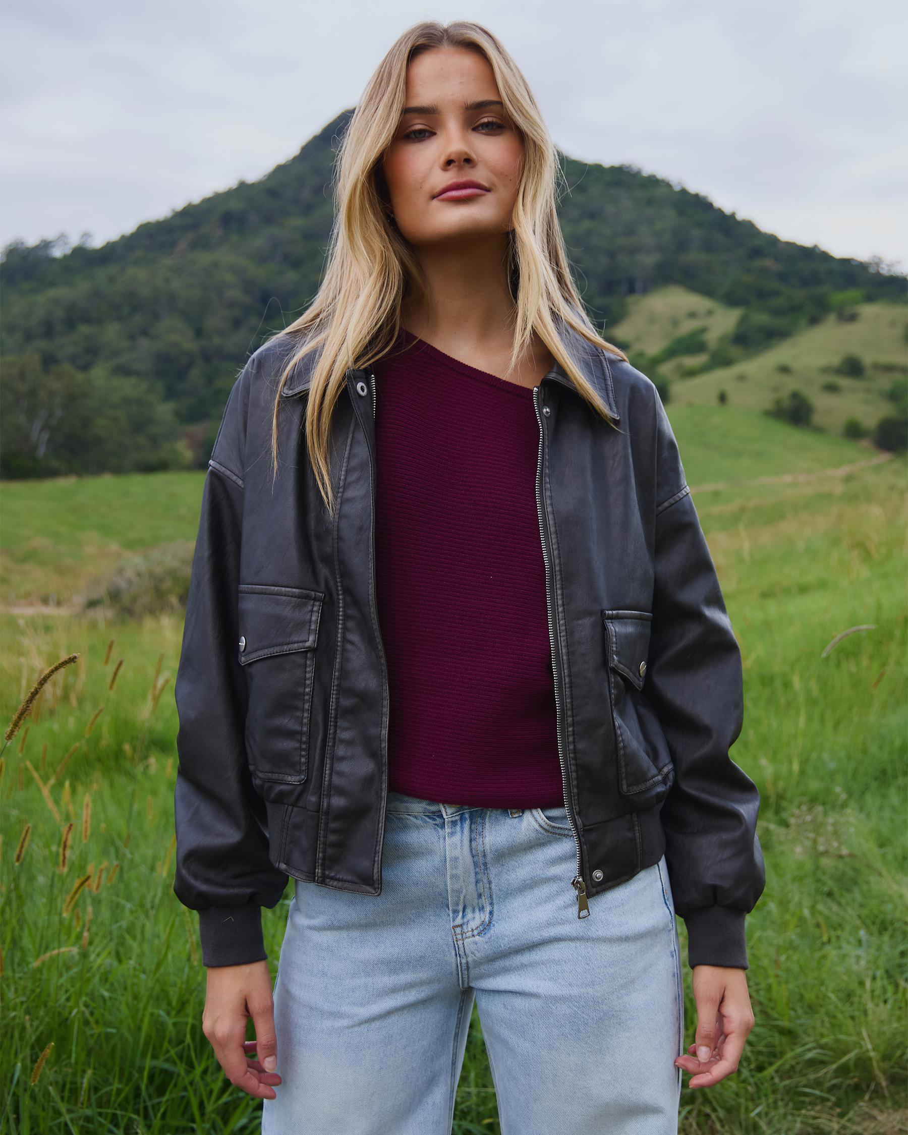 Garage Faux Leather Bomber Jacket