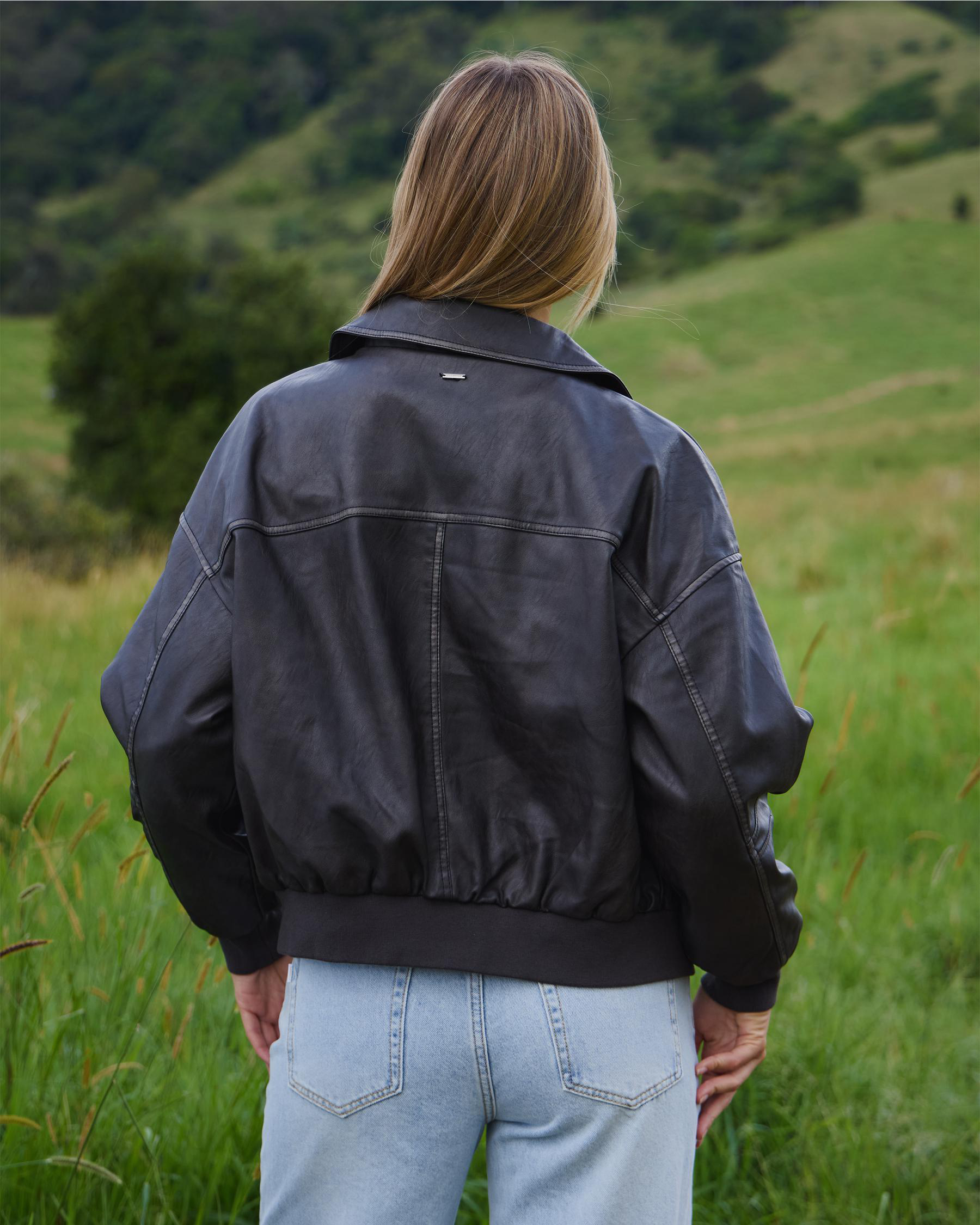 Garage Faux Leather Bomber Jacket